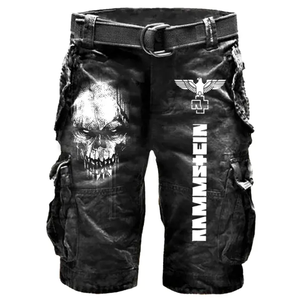Men's Rammstein Rock Band Print Outdoor Vintage Multi Pocket Studded Cargo Shorts - Cotosen.com 
