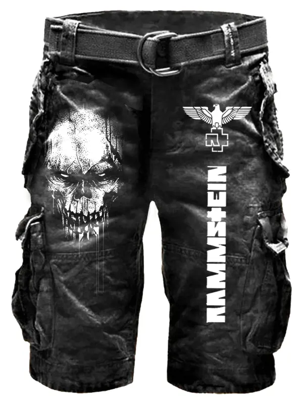 Men's Rammstein Rock Band Print Outdoor Vintage Multi Pocket Studded Cargo Shorts - Menwyx.com 