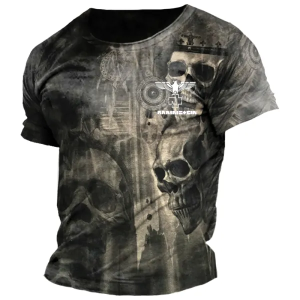 Men's Vintage Rammstein Rock Band Skull Daily Short Sleeve Crew Neck T-Shirt - Elementnice.com 