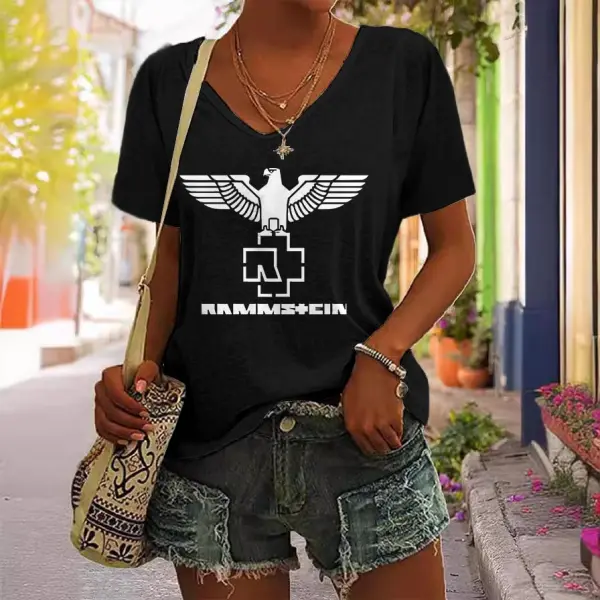 Women's Rammstein Rock Band Print Short Sleeve V-Neck Casual T-Shirt - Elementnice.com 
