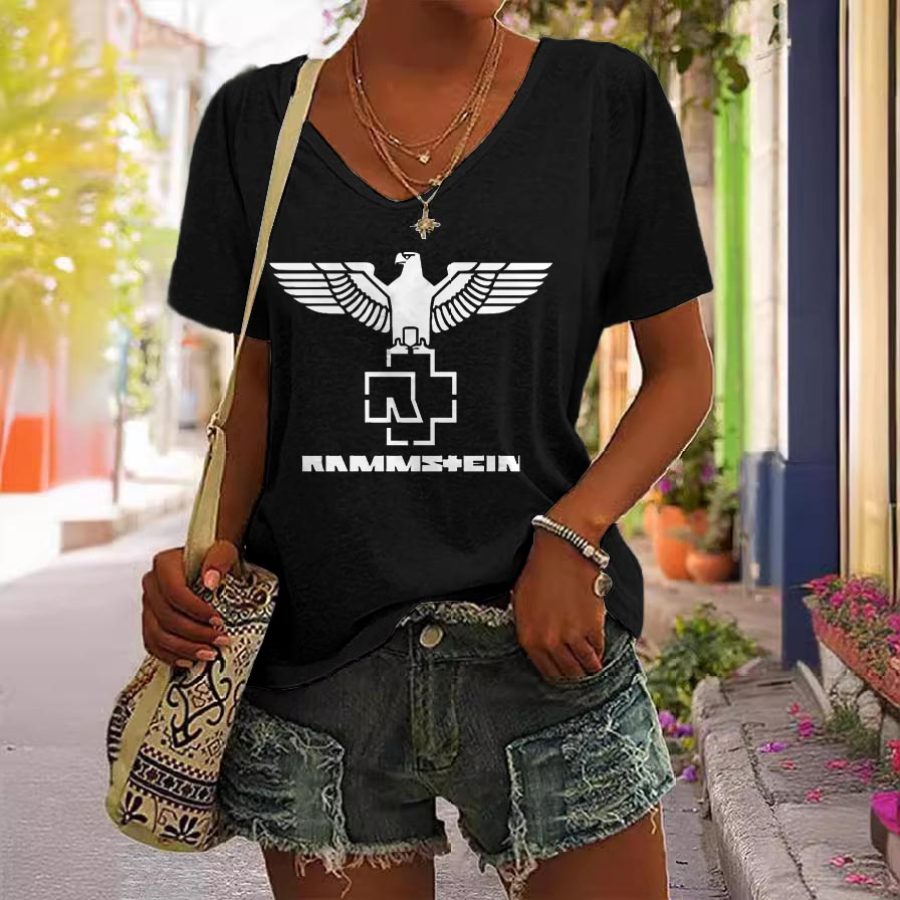 

Women's Rammstein Rock Band Print Short Sleeve V-Neck Casual T-Shirt