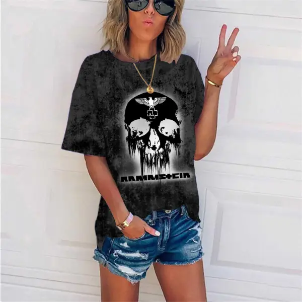 Women's Rammstein Rock Band Skull Distressed Gradient Short Sleeve Crew Neck T-Shirt - Manlyhost.com 