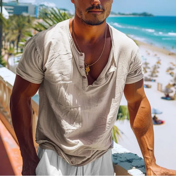 Men's Holiday Linen V-Neck Minimalist Plain Short Sleeve Shirt - Dozenlive.com 