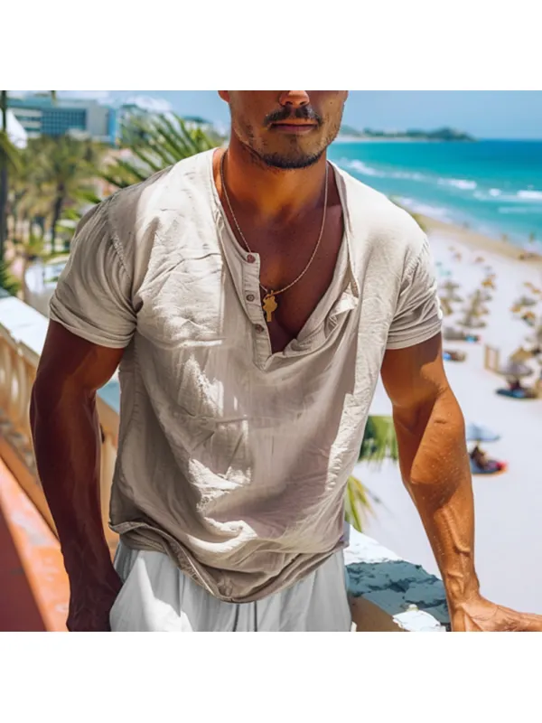 Men's Holiday Linen V-Neck Minimalist Plain Short Sleeve Shirt - Localziv.com 