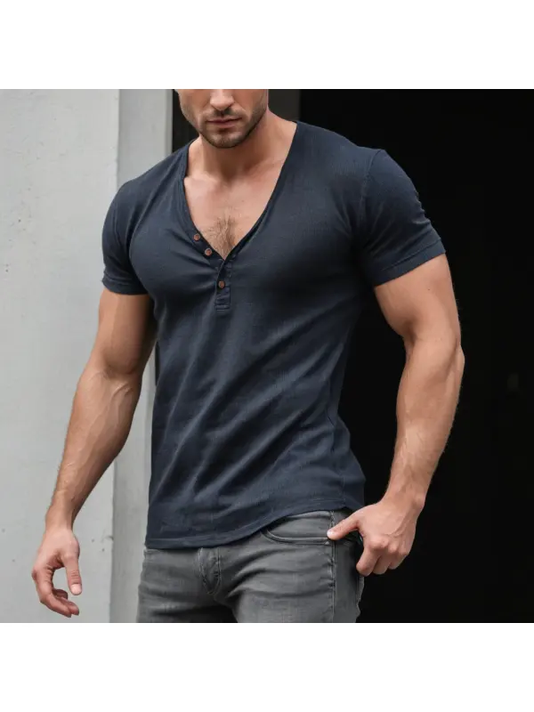 Men's Button V-neck Tight T-shirt - Ootdmw.com 