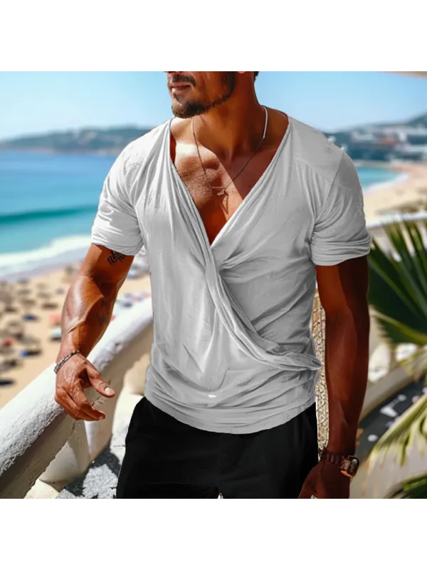 Men's V-neck Personalized Plain Retro T-shirt - Ootdmw.com 