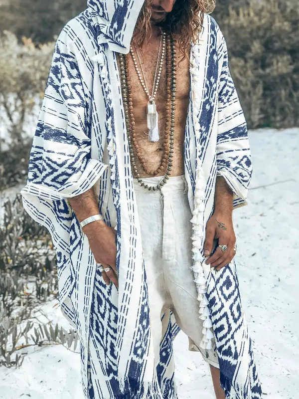 Men's Totem Print Linen Hooded Cape - Menbarn.com 