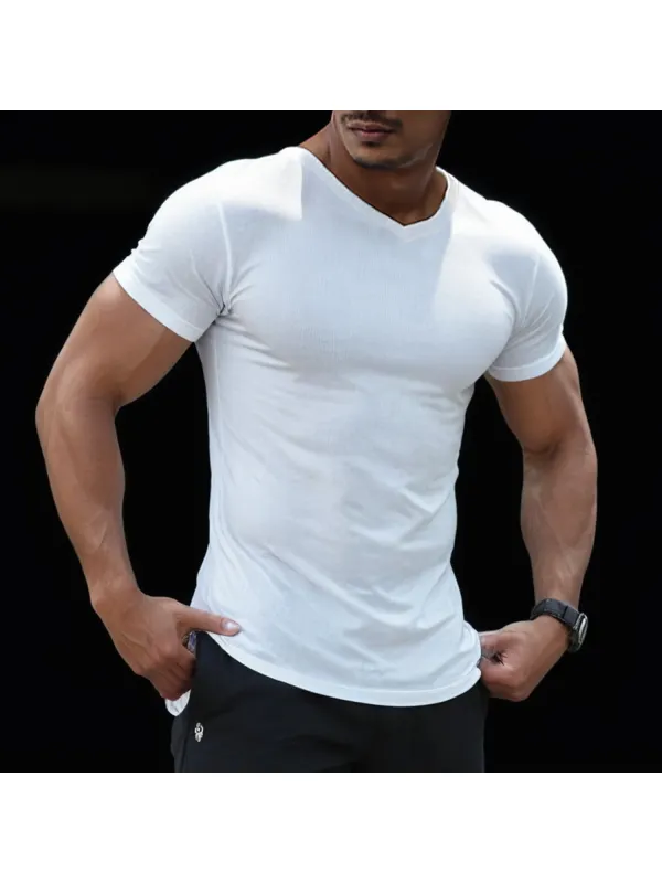 Casual Solid Color Small V-neck Tight T-shirt - Ootdmw.com 