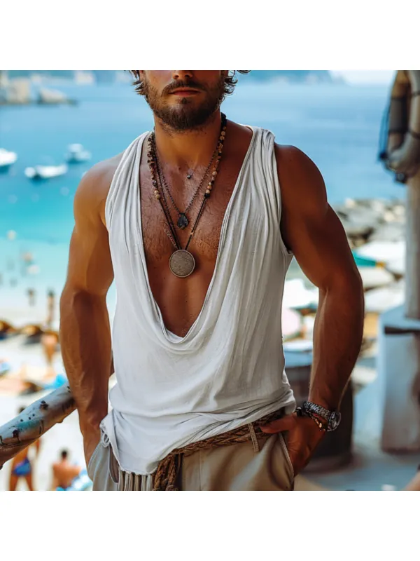 Men's Holiday Deep V-neck Plain Sleeveless Tank Top - Ootdmw.com 