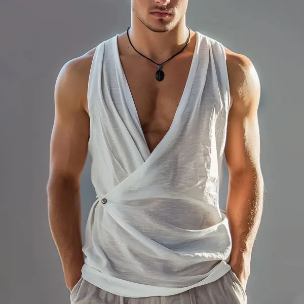 Men's Linen V-Neck Sleeveless Top - Keymimi.com 