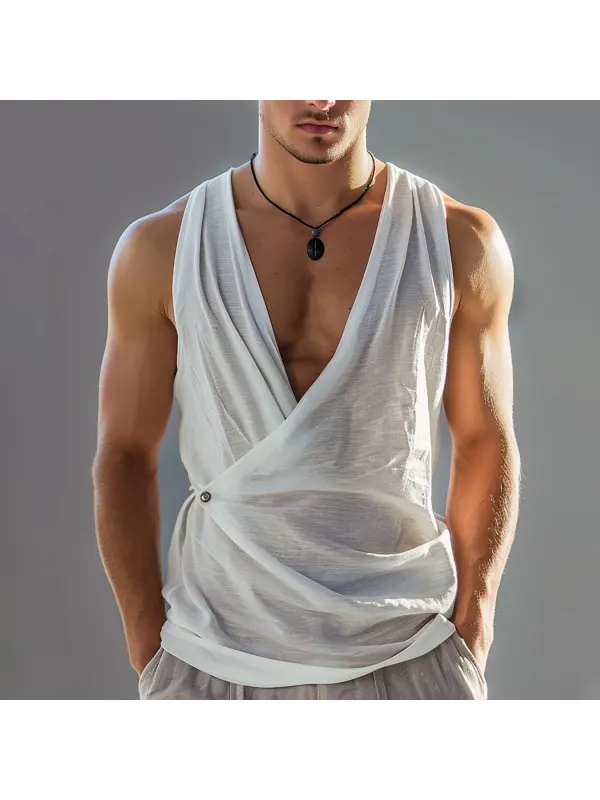 Men's Linen V-Neck Sleeveless Top - Ootdmw.com 
