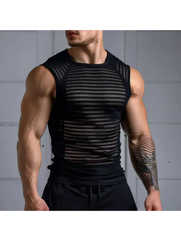 Men's See-through Striped Mesh Sleeveless Tank Top - Aptkoi.com 