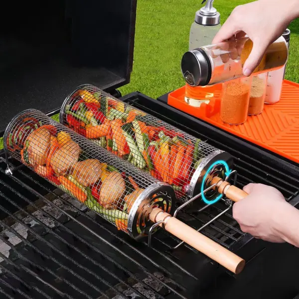 304 Stainless Steel Rolling Grilling Tube Net Mesh Accessories For Vegetables Shrimp Gifts For Men Dad Outdoor BBQ Camp - Cotosen.com