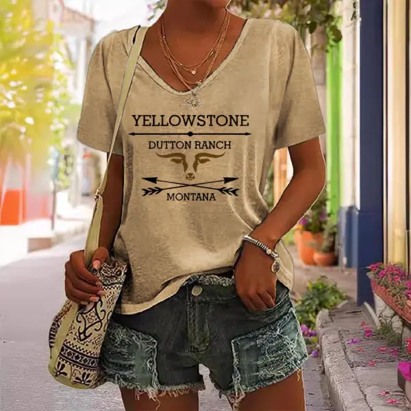 Women's Yellowstone Western Cowboy Print Short Sleeve V-Neck Casual T-Shirt - Anurvogel.com 