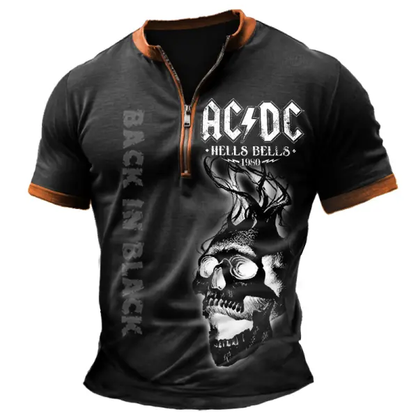Men's Vintage ACDC Rock Skull Color Block Zipper Henley Collar T-Shirt - Cotosen.com 
