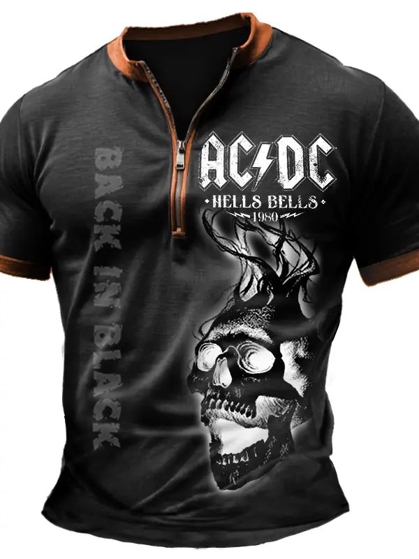 Men's Vintage ACDC Rock Skull Color Block Zipper Henley Collar T-Shirt - Menwyx.com 