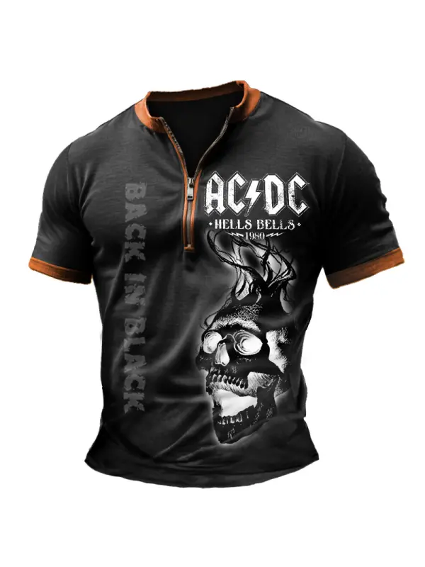 Men's Vintage Rock Skull Color Block Zipper Henley Collar T-Shirt - Anrider.com 