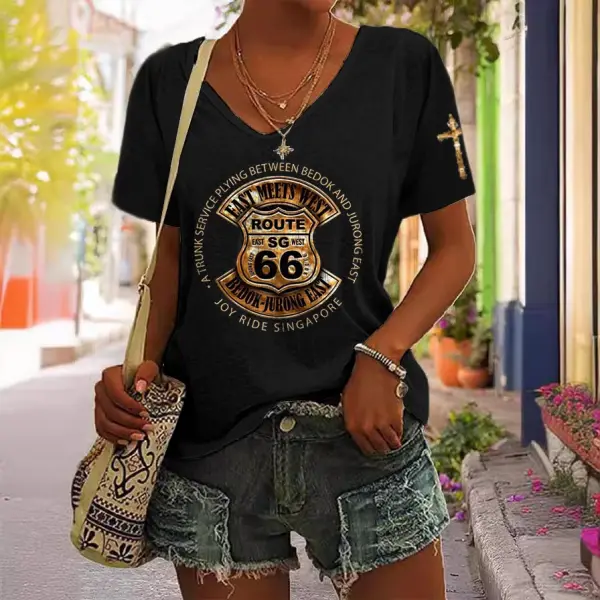 Women's Route 66 Cross Print Short Sleeve V-Neck Casual T-Shirt - Cotosen.com 