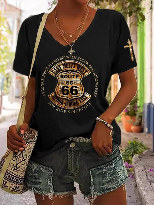 Women's Route 66 Cross Print Short Sleeve V-Neck Casual T-Shirt - Menbarn.com 