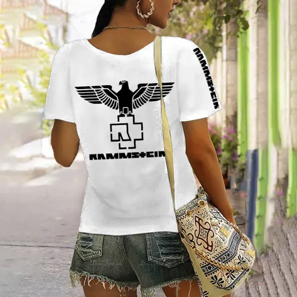 Women's Rammstein Rock Band Eagle Print Short Sleeve V-Neck Casual T-Shirt - Rabclub.com 