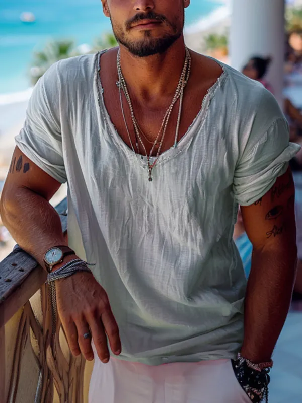 Men's Holiday Linen Crew Neck Casual T-Shirt - Wantbright.com 