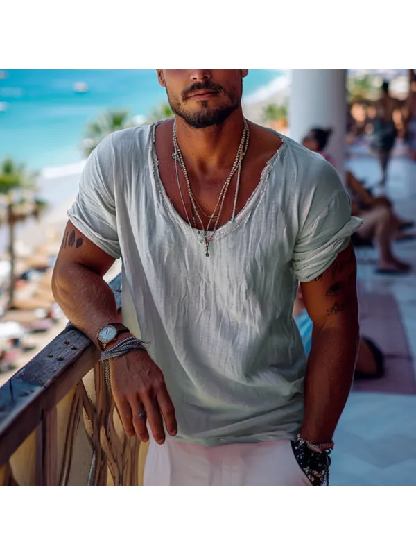 Men's Holiday Linen Crew Neck Casual T-Shirt - Shopyiyistories.com 