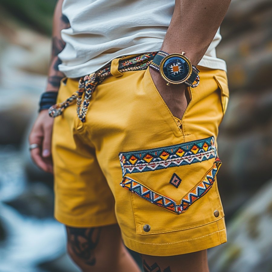 

Retro Ethnic Style Contrasting Color Stitching Elastic Waist Drawstring Casual Shorts
