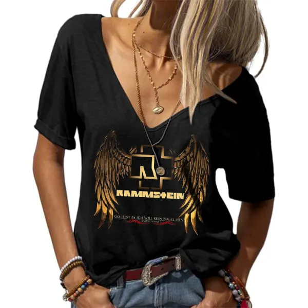 Women's Rock Band Skull Print Short Sleeve V-Neck Casual T-Shirt - Anurvogel.com 