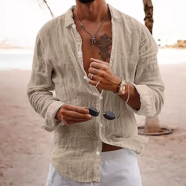 Men's Solid Color Lapel Casual Long Sleeve Cotton Linen Shirt - Wayrates.com 
