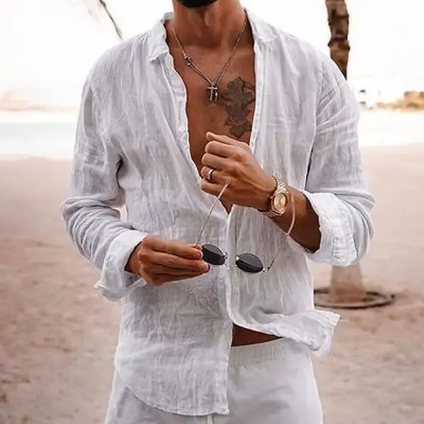 Men's Solid Color Lapel Casual Long Sleeve Cotton Linen Shirt - Cotosen.com