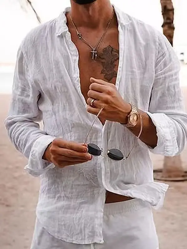 Men's Solid Color Lapel Casual Long Sleeve Cotton Linen Shirt - Menbarn.com 