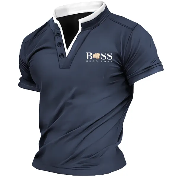 Men's Print Stand-up Collar Short Sleeved T-shirt - Cotosen.com