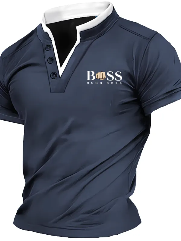 Men's Print Stand-up Collar Short Sleeved T-shirt - Menbarn.com 
