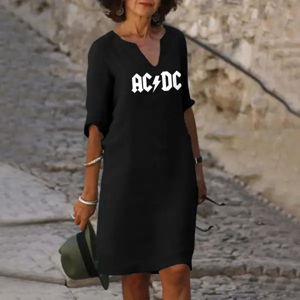 Women's Hemp ACDC Rock Band Print Five-Sleeve V-Neck Dress - Cotosen.com 