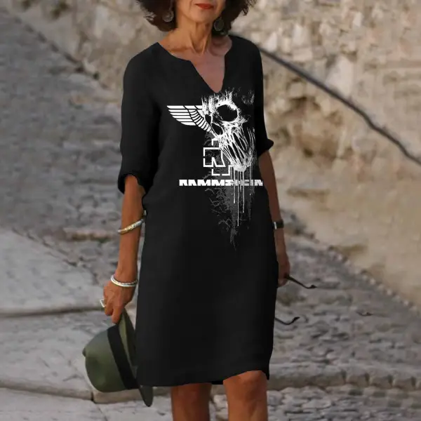 Women's Hemp Rammstein Rock Band Skull Print Five-Sleeve V-Neck Dress - Elementnice.com 