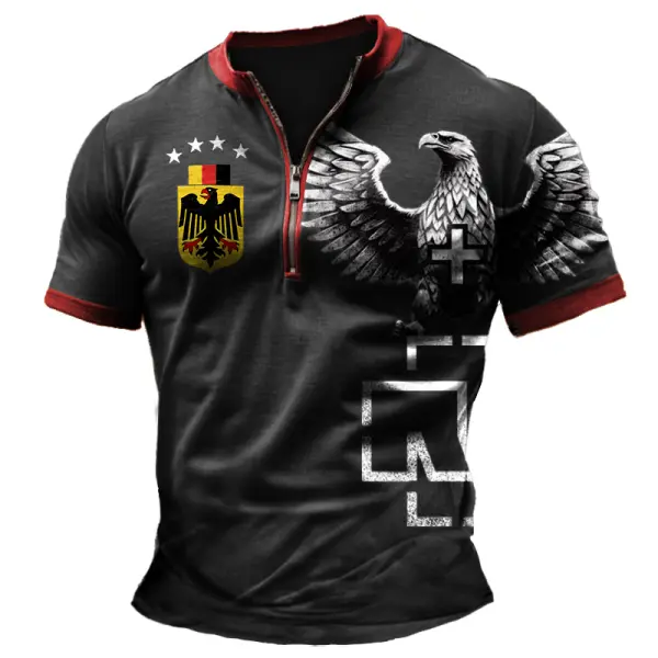 Men's Vintage Rammstein Rock Band German Flag Color Block Zipper Henley Collar T-Shirt - Cotosen.com