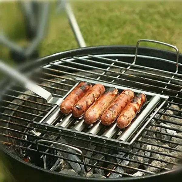 Grill BBQ Hotdog Roller Stainless Steel Sausage Roll Rack For Grill 5 Hot Dog Capacity With Wooden Handle - Cotosen.com