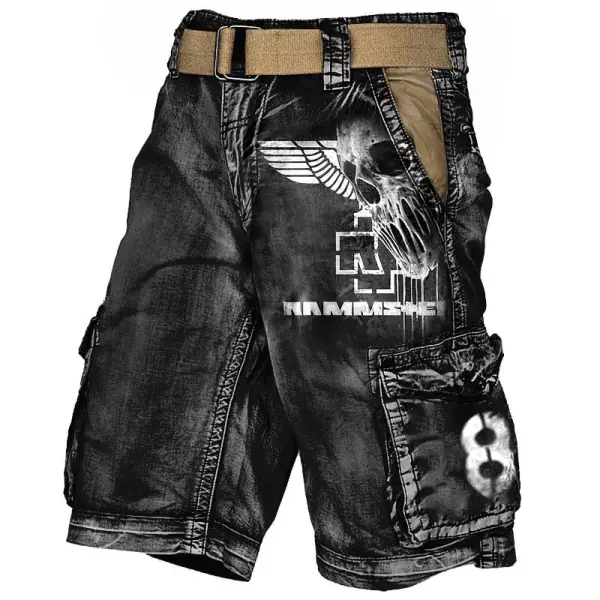 Men's Cargo Shorts Rammstein Rock Band Skull Vintage Distressed Utility Outdoor Shorts - Manlyhost.com 