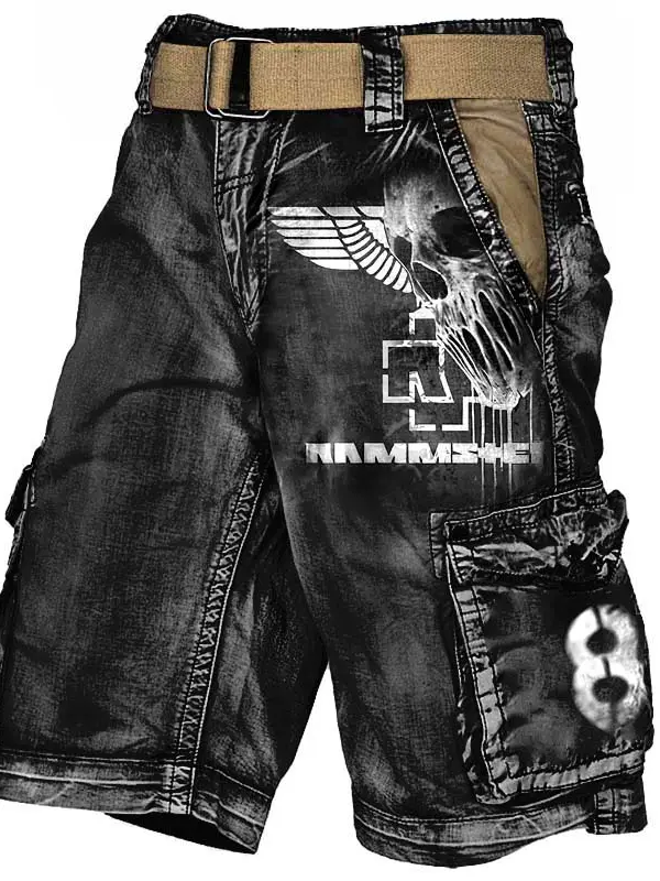 Men's Cargo Shorts Rammstein Rock Band Skull Vintage Distressed Utility Outdoor Shorts - Menwyx.com 