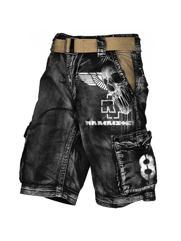 Men's Cargo Shorts Rammstein Rock Band Skull Vintage Distressed Utility Outdoor Shorts - Ootdmw.com 