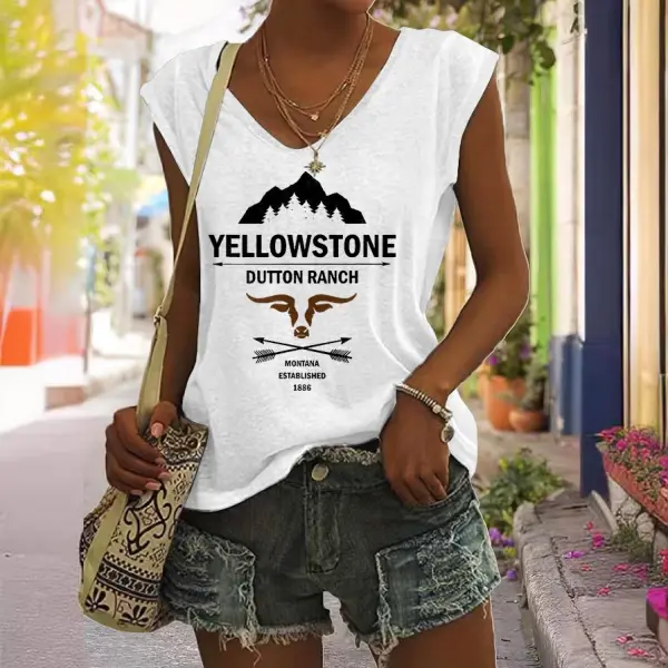 Women's Yellowstone Western Cowboy Print V-Neck Casual Sleeveless Tank Top - Dozenlive.com 