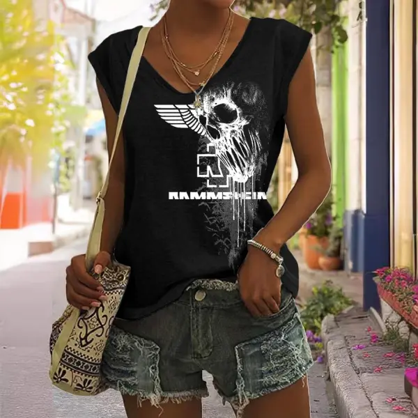 Women's Rammstein Rock Band Skull Print V-Neck Casual Sleeveless Tank Top - Cotosen.com 