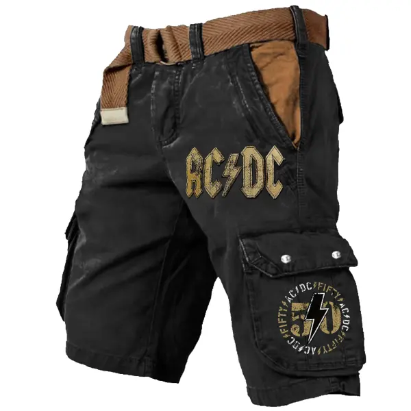 Men's ACDC Rock Band Print Outdoor Vintage Multi Pocket Studded Cargo Shorts - Cotosen.com