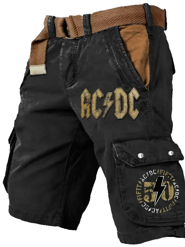 Men's ACDC Rock Band Print Outdoor Vintage Multi Pocket Studded Cargo Shorts - Menwyx.com 