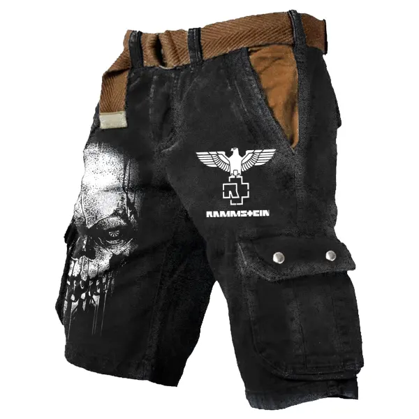 Men's Rammstein Rock Band Print Outdoor Vintage Multi Pocket Studded Cargo Shorts - Manlyhost.com 