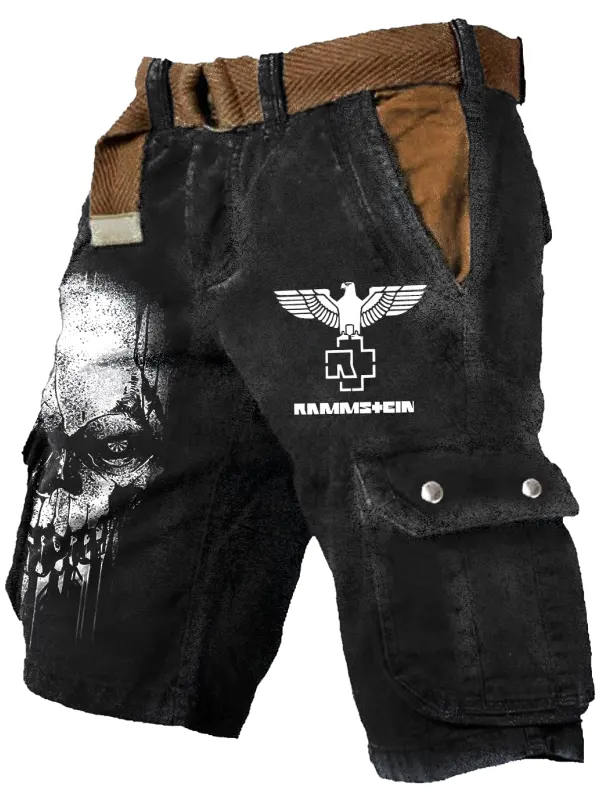 Men's Rammstein Rock Band Print Outdoor Vintage Multi Pocket Studded Cargo Shorts - Menwyx.com 