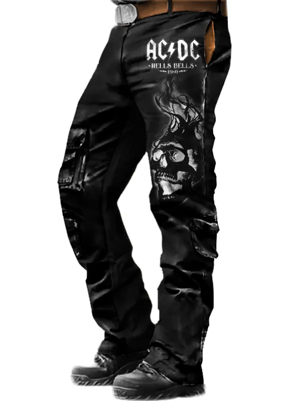 Men's ACDC Rock Band Dark Skull Tactical Pants Outdoor Vintage Washed Cotton Washed Multi-Pocket Trousers - Menwyx.com 