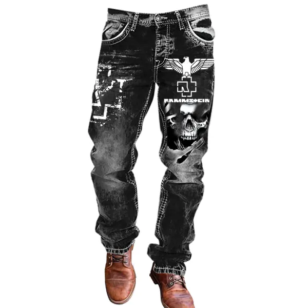 Men's Cargo Pants Rammstein Rock Band Skull Print Vintage Distressed Utility Outdoor Pants - Cotosen.com