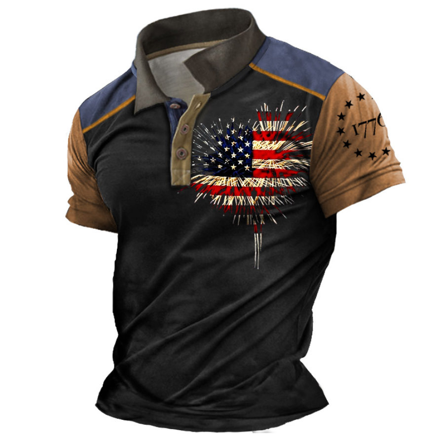 

Men's American Flag Independence Day Fireworks 1776 Print Short Sleeve Color Block Polo T-Shirt