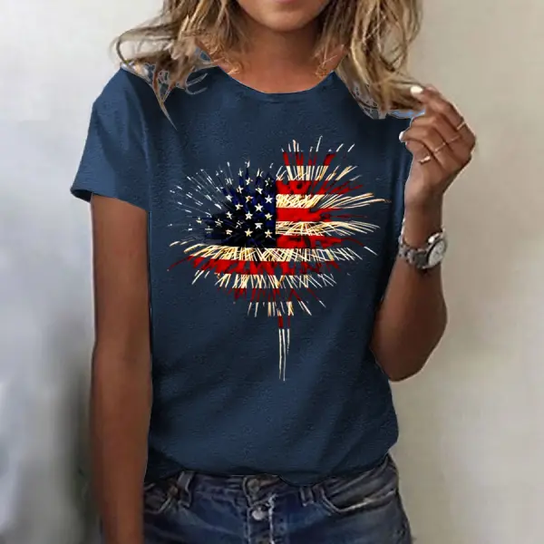 Women's American Flag Independence Day Fireworks Short Sleeve Crew Neck T-Shirt - Wayrates.com 